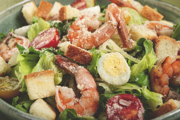 Caesar salad, with tiger prawns, shrimp salad, lettuce, quail eggs, cherry tomatoes, parmesan