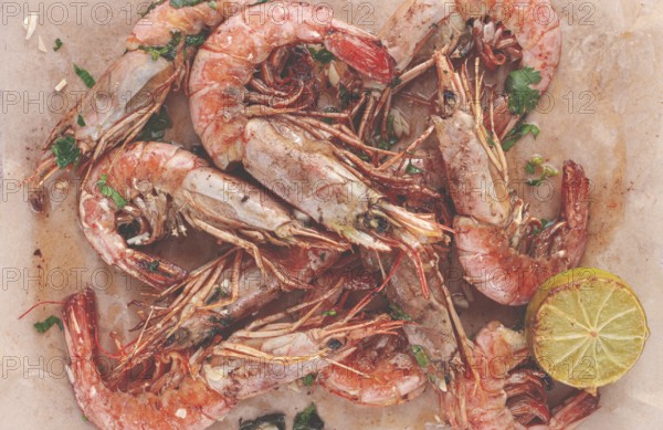 Juicy grilled shrimp, placed on a baking sheet lined with parchment paper, garnished with herbs and
