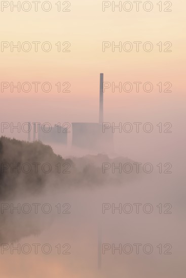 Datteln-Hamm Canal and Gersteinwerk power plant in morning fog at sunrise, Bergkamen, North
