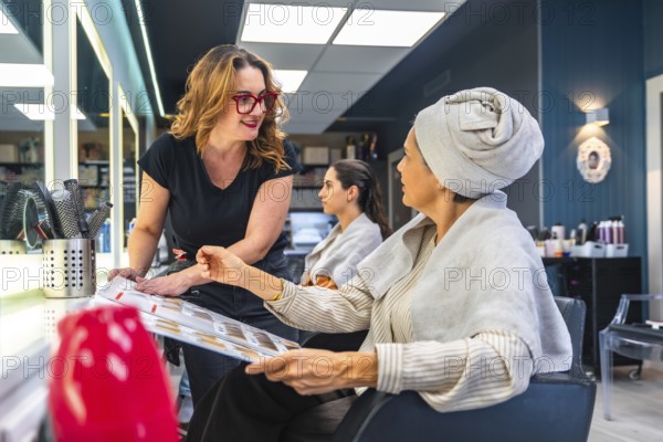 Hairdresser and female client discussing hair color and style options using a color chart,