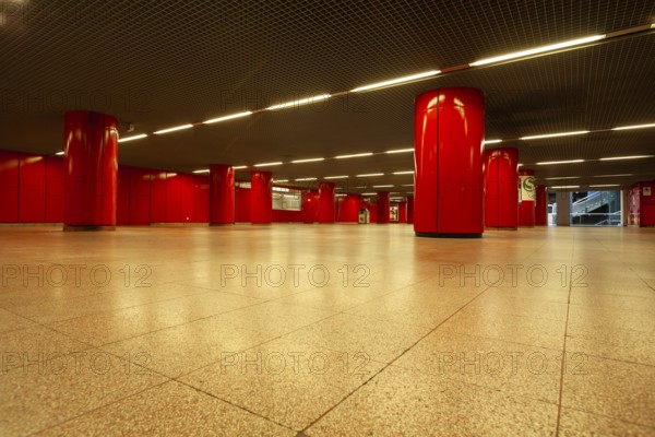 March 18, 2018, underground train with red columns in city center, Stuttgart, Baden-Württemberg,