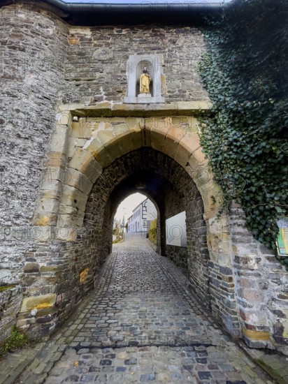 Historic medieval castle gate Matthiastor massive gate building made of quarry stone masonry from