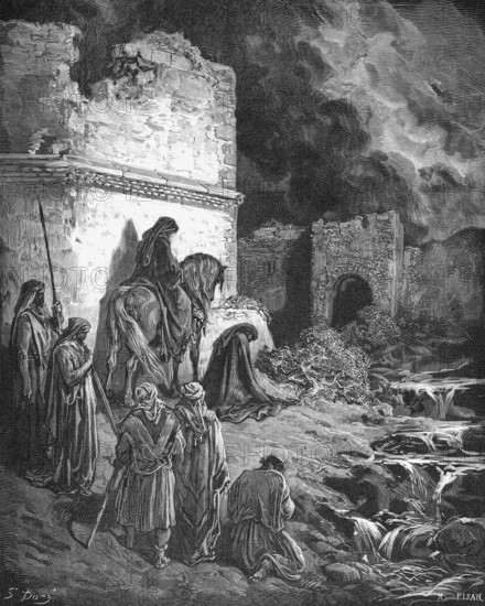 Nehemiah and his comrades at the city gate in front of the walls Jesrusalem, Israel, Bible, Old