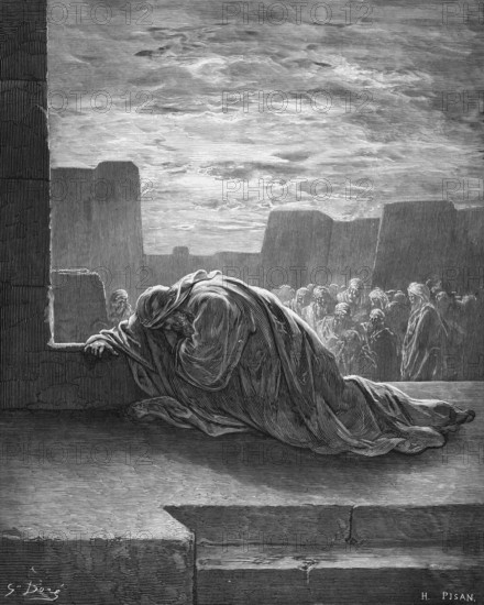 Ezra praying to God at the time of the evening sacrifice, Bible, Old Testament, Ezra 9, verse 5,