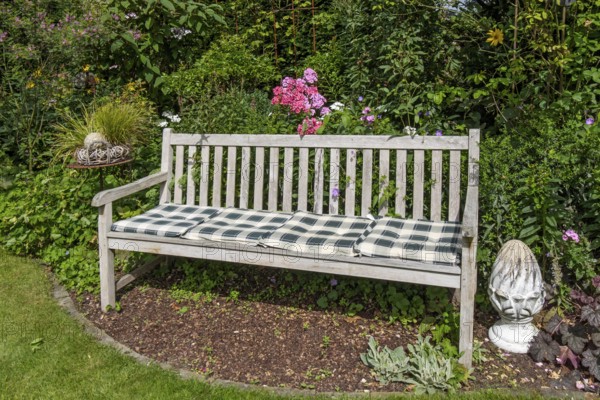 Wooden bench with checkered cushions in a blooming garden surrounded by plants and colorful