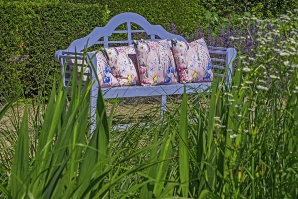 Blue garden bench with decorative cushions surrounded by plants and shrubs, Netherlands