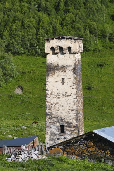 A single stone tower in a green mountainous landscape, defensive towers, Ushguli, Murqmeli