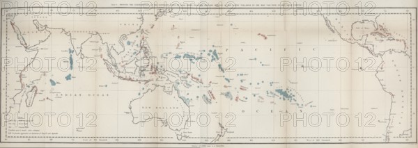 First map of the worldwide distribution of coral reefs by Charles Darwin, world map, historical,