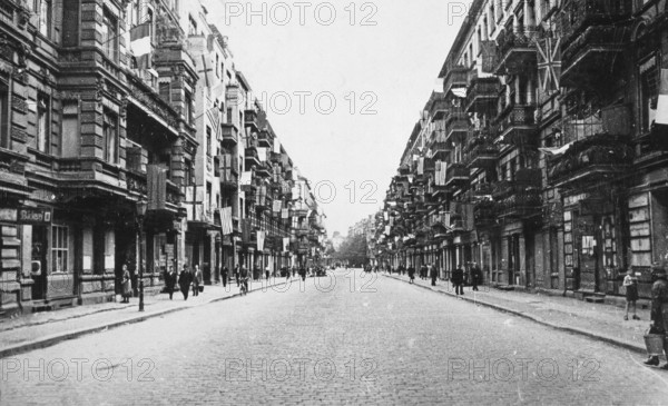 Street in Berlin, Allied flags and white flags hanging on the buildings, end of June 1945
