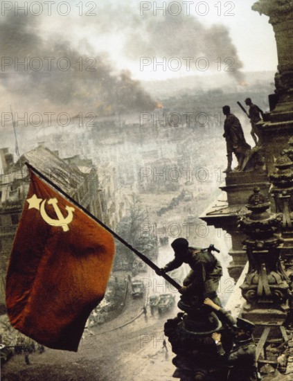 On the Berlin Reichstag, May 2, 1945, colored 1970. The three soldiers are the Ukrainian Alexei