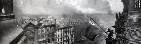 Panorama of the famous flag painting by J. Chaldej from May 2. 1945 on the Berlin Reichstag. Photo