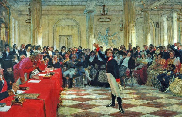 Alexander Pushkin (1799-1837), The 14-year-old Pushkin recites a poem to Dzerzhavin at the lyceum,
