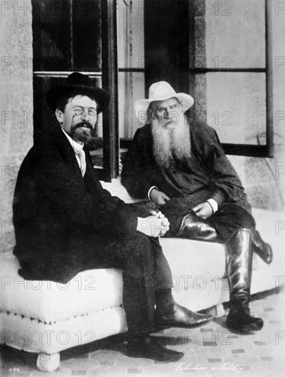 Anton Chekhov (1860-1904), Leo Tolstoy (right) and Anton Chekhov in Yalta, Russian writer,