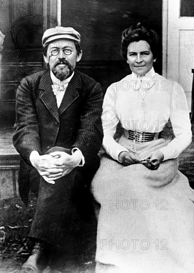 Anton Chekhov (1860-1904) with Olga Knipper shortly after their wedding in 1901, Russian writer,