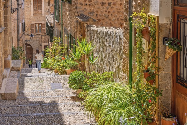 Idyllic cobblestone alley with green plants and flowers at the house walls and walking people a
