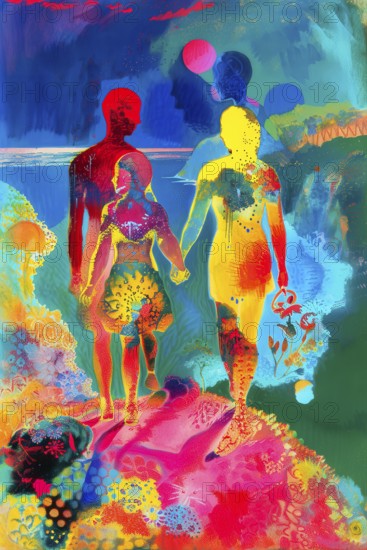 Couple walking hand in hand in a love silhouette, Painting like composition, AI generated
