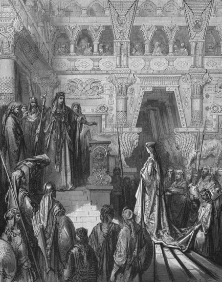 Solomon receives the Queen of Sheba, the Queen tests King Solomon with riddles, First Book of