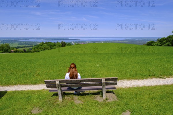 View from Seiser Alm, Seiserhof, near Bernau across Lake Chiemsee, Chiemgau, Upper Bavaria,