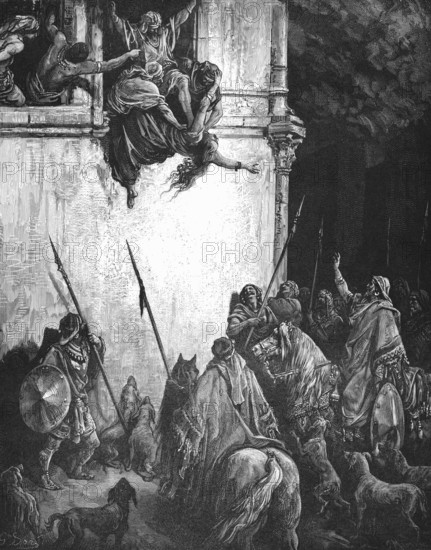 Jehu has Jezebel killed and rushed down to the window, her blood splashed on the wall and on the