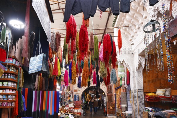 A wide range of goods in the narrow corridors of the souk, Marrakech, historic old town, Medina,