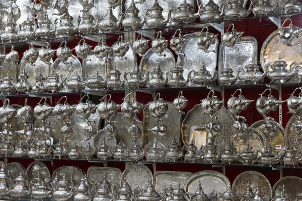 Silver tea services, range of goods in the souk, Marrakech, historic old town, Medina, UNESCO World