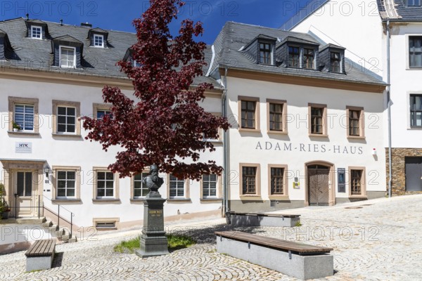 Karlsplatz with Adam Ries House and Memorial in Annaberg, Annaberg-Buchholz, Ore Mountains, Saxony,