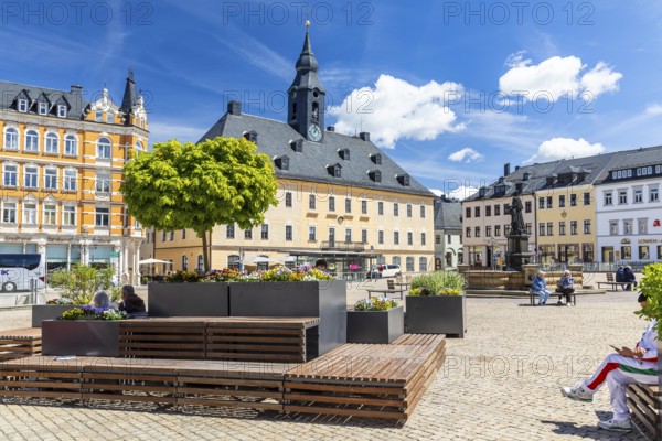 Market square with town hall and Barbara Uthmann fountain in Annaberg, Annaberg-Buchholz, Ore