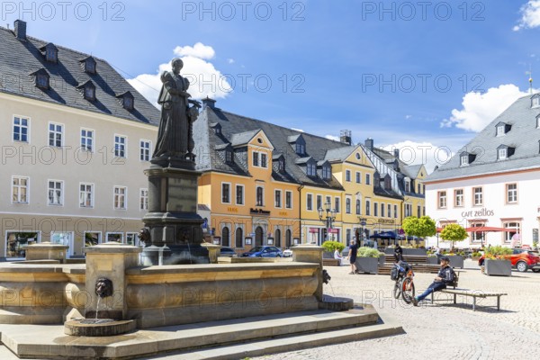 Barbara Uthmann fountain on the market square in Annaberg, Annaberg-Buchholz, Ore Mountains,