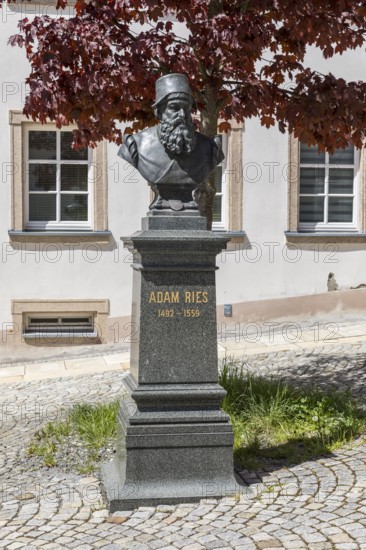 Adam Ries Memorial in front of the Adam Ries House in Annaberg, Annaberg-Buchholz, Ore Mountains,