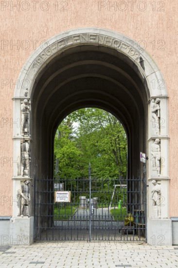 Historic Helenenhof residential complex on Walter-Oertel-Straße, lettering on the entrance portal,