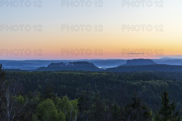 Bernhardstein viewpoint in the morning with a view of Königstein Fortress and Lilienstein, Saxon