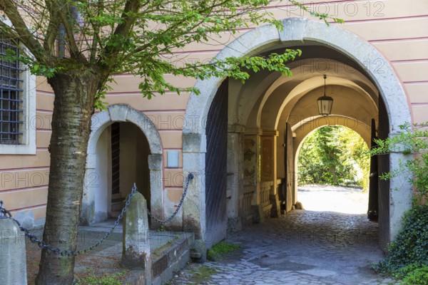 Gate crossing at Landschloss Zuschendorf, Pirna, Saxony, Germany