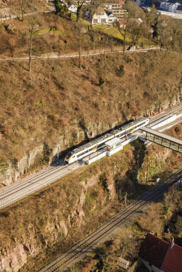Aerial view of a railway scene in hilly surroundings, test run on the new Hermann-Hesse railway