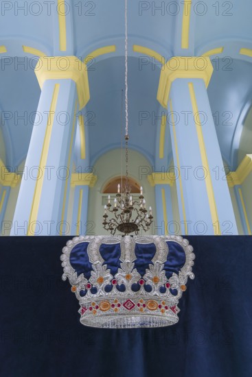 Crown on a cloth in the restored Choral Synagogue, built from 1842-1865, Drochobych, Ukraine