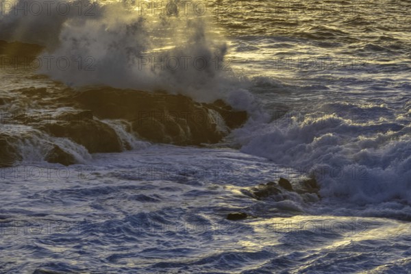 Thundering waves hit a rocky coast illuminated by soft sunlight during sunset, Playa Blanca/Yaiza