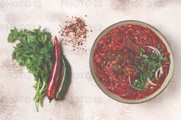 Chashushuli, a traditional Georgian dish, spicy, stewed meat with tomatoes and spices, homemade, no