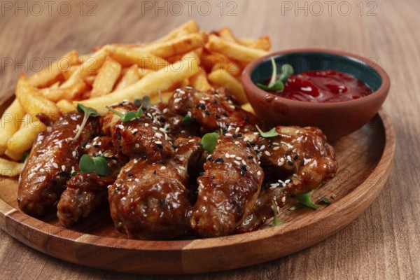 Barbecue chicken wings, sprinkled with sesame seeds, with French fries, and sauce, on a wooden
