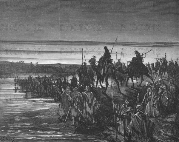 The Israelites walk through the Jordan, crossing the dry riverbed with the Ark of the Covenant,