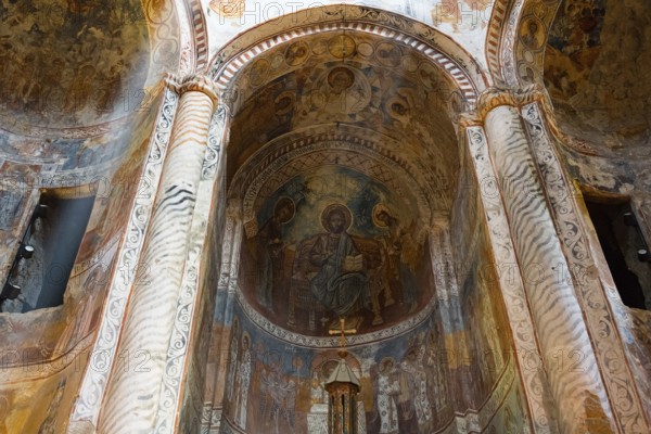 Apse with detailed frescoes and religious depiction in an ancient church, Nikorzminda Cathedral,