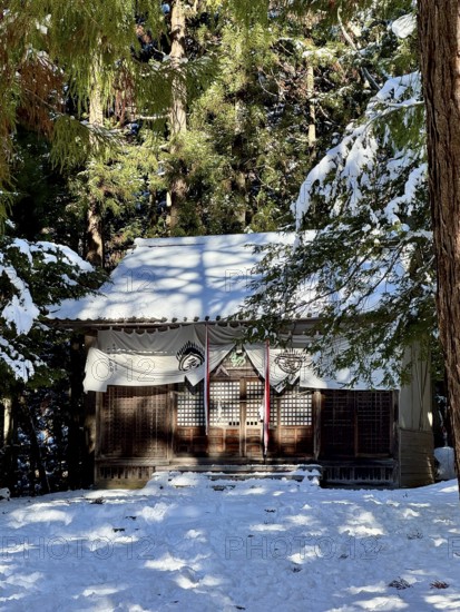 A shrine in the forest covered with snow surrounded by tall trees and wintry atmosphere, winter,
