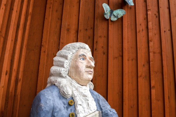 Wooden statue of botanist and founder of the binary nomenclature Carl von Linné with white hair and