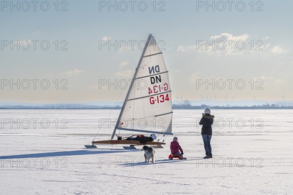 Family with dog watching sailboat on frozen Dümmer See, Lembruch, Diepholz district, Lower Saxony,