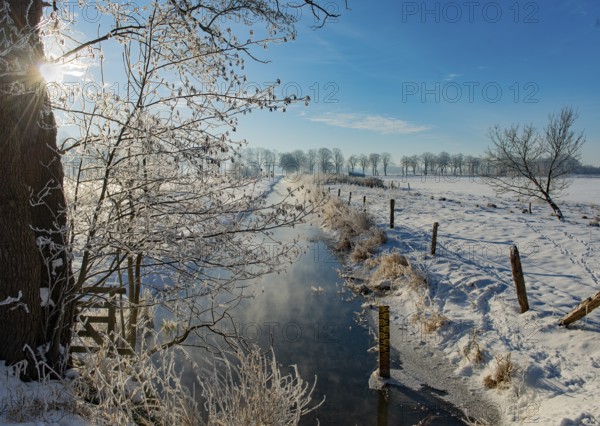 Snowy winter landscape with a small ditch and sunlit trees and fence, Hüde, Dümmer nature park