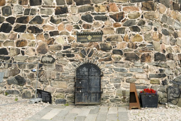 Detail of an old stone wall stone tower in Gothenburg's Skansen Kronan fortress with historical