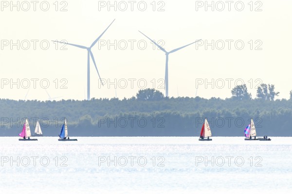 Several sailboats pirate regatta on Dümmer See with large wind turbines in the background, quiet