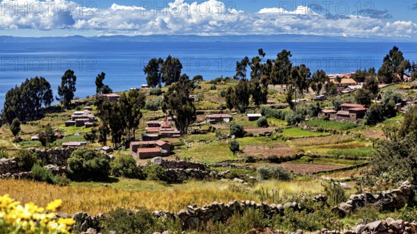 Small huts and fields on terraces overlooking a large lake, countryside and farmhouses on Taquile
