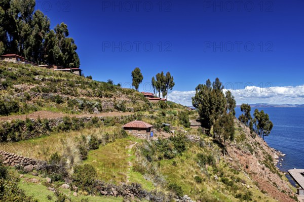 Terraces with huts and trees over a blue lake under clear skies, the countryside and farmhouses on