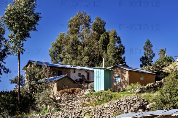 Small rural farm houses and tall trees on a rocky hill under a clear sky, the countryside and