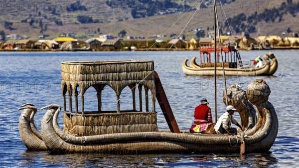 Traditional reed boat with people on a calm lake in front of a shore with reed huts, The floating