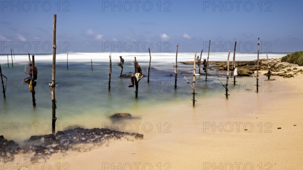 Fishermen on wooden posts in the turquoise water of a beach, Koggala beach with stilt fishermen in